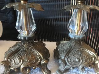 Vintage Brass Candle Holders Crystal Pair Art Deco Stlye 2