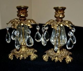 Vintage Pair Brass Glass Candle Holders With Crystal Prisms Vtg Candle Holders