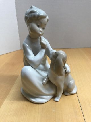 Retired Lladro Boy With Dog 4522 Glazed Porcelain Silence,  Shh Quiet Puppy