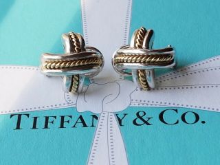 Authentic Vintage Tiffany & Co Silver & 18k Gold Cross X Earrings,  Omega Backs