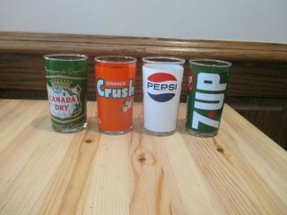 4 Vintage Soda Glasses Pepsi 7 Up The Uncola Orange Crush Canada Dry Drinks