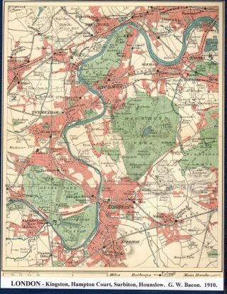 Antique Map London Kingston Hampton Court Surbiton Hounslow G.  W.  Bacon 1910