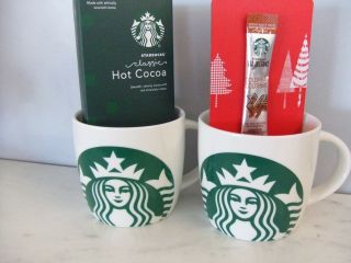 2 Starbucks Large Logo Coffee Mugs 14oz Gift Set With Coffee & Cocoa