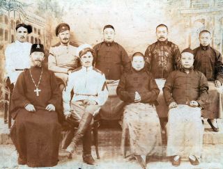 Russian Orthodox Priest Soldiers Chinese Dignitaries Formal Studio Portrait