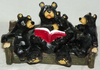 Four Bears Reading A Story Book On A Park Bench By Slifka Woodsy Cabin Decor