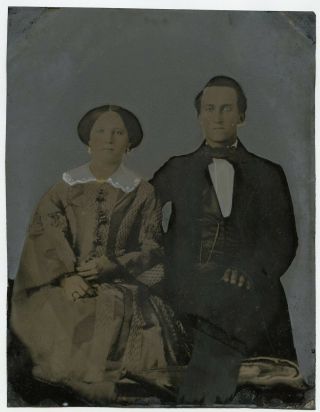 Victorian Couple,  Circa 1858,  Hand Tinted,  Big Size Tintype Photo