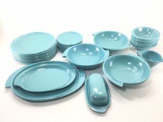 31 Pc Boontonware Turquoise Melamine Dish Set Serving Bowls Mcm Retro Atomic