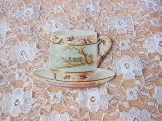 Victorian Christmas Card/cut - Out Teacup And Saucer/landscape Scene
