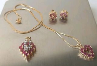 Vintage 14k Gold Demi Parure Necklace Earrings Pendant Signed Atl Ruby Diamond
