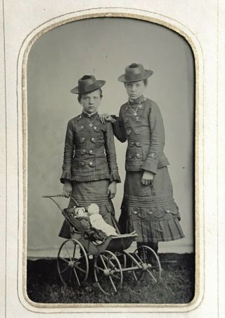 Outstanding 1/6 Plate Tintype - Two Gorgeous Sisters & Their Dolls In A Stroller