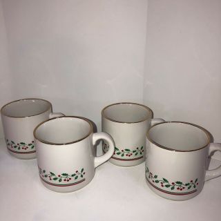 (4) Vintage Arby’s Christmas Mug Set Holly Berry Ribbon Coffee Mugs 1987