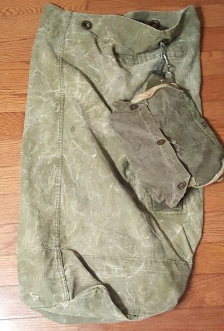 Vtg.  Military Us Army Duffle Bag Green Canvas One Strap With Extra Clip On Bag