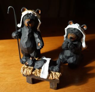 3 Piece Bear Nativity Scene Set Faux Carved Cabin Wood Christmas Lodge Decor