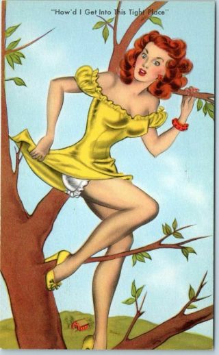 1940s Pin - Up Girl Postcard Redhead Girl In Tree " Tight Place " Canada Eo9