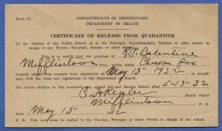 T798 - 1932 Release From Quarantine Card,  Chicken Pox In Pa School