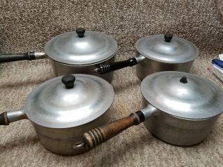 Vintage Household Institute Cast Aluminum Sauce Pans (4) W Wooden Handles N Lids