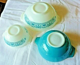 Vintage Pyrex Horizon Blue 3 Piece Cinderella Mixing Nesting Bowl Set