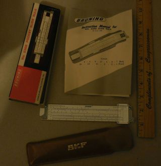 Vintage Bruning No 2398 Pocket Slide Rule With Case And Papers