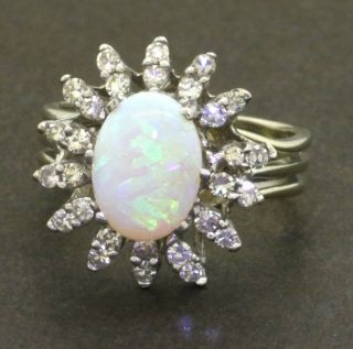Vintage 14k White Gold 2.  20ct Diamond And Opal Cluster Cocktail Ring Size 6.  75