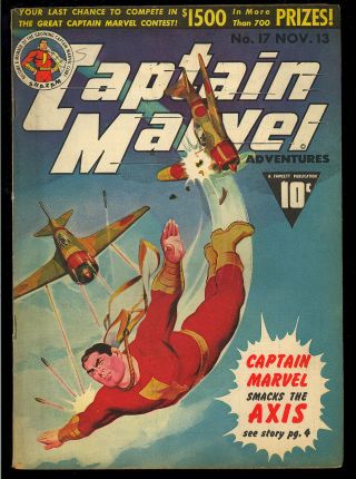 Captain Marvel Adventures 17 Wwii Cover Golden Age Fawcett Comic 1942 Fn