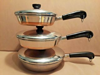 Revere Ware 6 Pc.  Set Stainless Steel Copper Bottoms Fry Pans/lids Usa 8 ",  9 ",  10 "