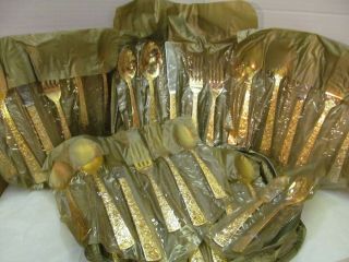 50 Piece Cellini Romanesque Gold Plated Roses Stainless Flatware Case Svc For 8