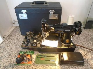 Vintage 1951 Centennial Singer 221 Featherweight Machine,  Case,  Key,  Book,  Xtras
