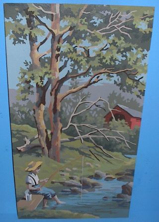 Vintage Paint By Number Pbn Boy Fishing In Stream 10 " X 18 " Listing Others
