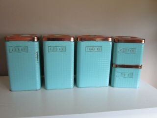 Vintage Set Of Maid Of Honor Turquoise Canisters