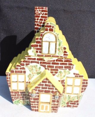 Vintage Yellow Brown Brick Cottage House Cookie Jar Figural Pottery Ceramic