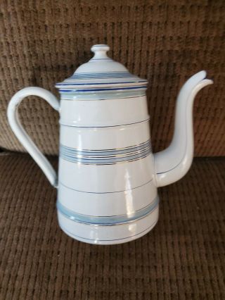 Vintage French Coffee Pot White With Blue &gold Stripe