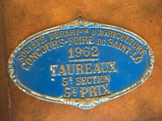 Old Agriculture Blue Metal Plaque France Cattle Prize