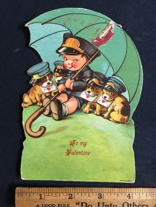 Vintage Valentine Card,  Adorable Little Boy In Uniform With Puppies,  Germany
