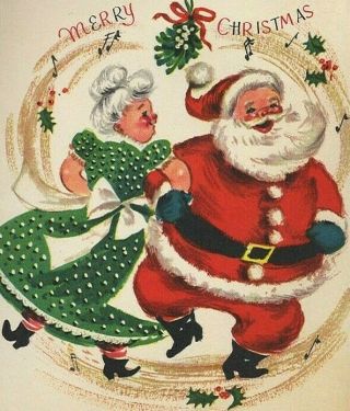 Vintage Merry Christmas Greeting Card Santa And Mrs Claus Dancing Mid Century