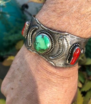 Vintage Native American Navajo Sterling Turquoise & Coral Cuff Bracelet For Men