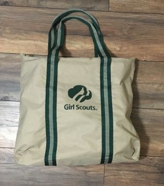 Girl Scout Logo Style Tote Bag,  Reinforcedt Canvas,  Tan With Green & Gray Trim