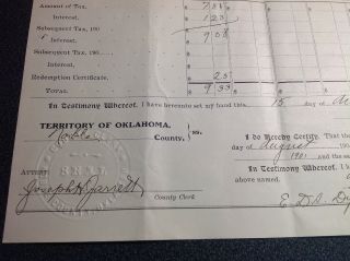 3606 Oklahoma Territory Land Deed For Taxes Due $9.  33 2