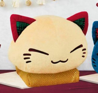 Cute Kawaii Japan Big Yellow Tan Green Checkered Red Ear Cat Nemuneko Toy Plush