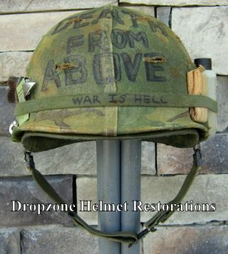 Vietnam M - 1 Helmet & 1969 Liner Mitchell Camo Cover " Death From Above " Rations