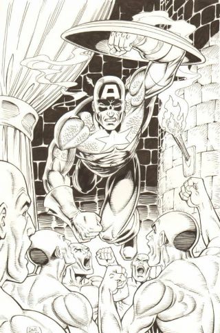 Captain America Vs.  Cult Members Action Commission - Signed Art By Dave Hoover