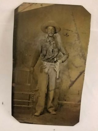 Tintype Tough,  Decked Out Texas Cowboy Hat,  Holster,  Colt,  Chaps,  Boots & Hat