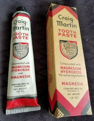 Old Dental Box & Tube CRAIG MARTIN Tooth Paste Comfort Mfg Chicago Magnesia NOS 3