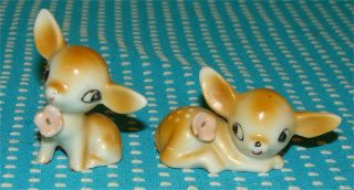 Vtg Japan Baby Deer Fawn Figurine Pair Flower 1 7/8” Ceramic Cute