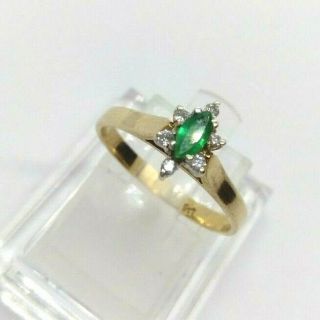 Vintage 9k Gold & Natural Marquise Cut Emerald & Six Diamond Ring Sz: M1/2 / 6.  5