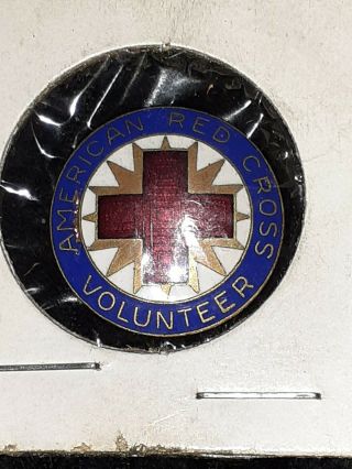 Vintage Enameled Brass Pin Badge - American Red Cross Volunteer - Cobalt Border