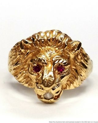 Vintage 14k Yellow Gold Natural Ruby Eyes Diamond Mens Lion Head Ring Size 10.  5