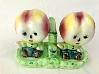 3 Piece With Stand Vintage Anthropomorphic Peach Salt Pepper Shakers