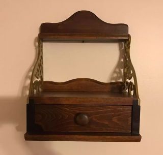 Vintage Wood/brass Shelf With Drawer Wall Mount Or Desktop