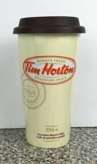 Tim Hortons 2012 Tumbler Travel Coffee Mug Lid Cup Cream Color French English