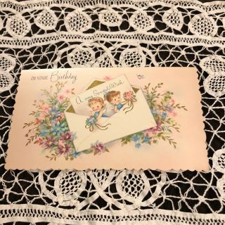 Vintage Greeting Card Birthday Cute Angel Girls Envelope Flowers
